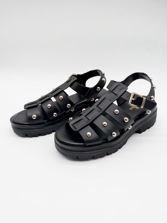 Kenneth Cole Herron Studded Leather Platform Fisherman Sandal Black Gold 9.5 NEW